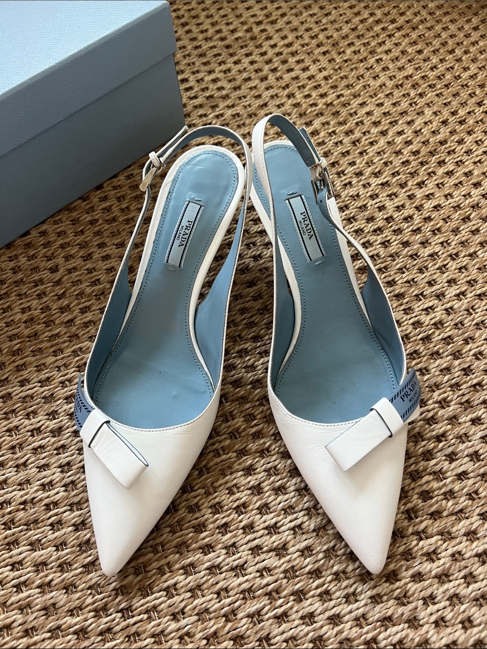 Prada White Leather Pointed Slingback Kitten Heels with Blue Prada Bow! - Picture 2 of 12